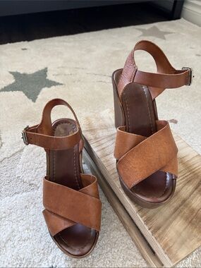 Topshop Tan Cross-Strap Wedge Sandals